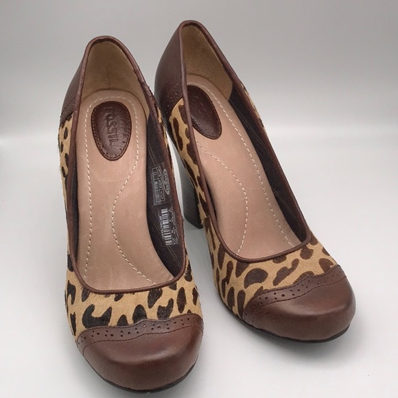 NWT Fossil Sahara Stacked Heel Pump Leather Animal Print Size 8 NIB - Picture 11 of 13